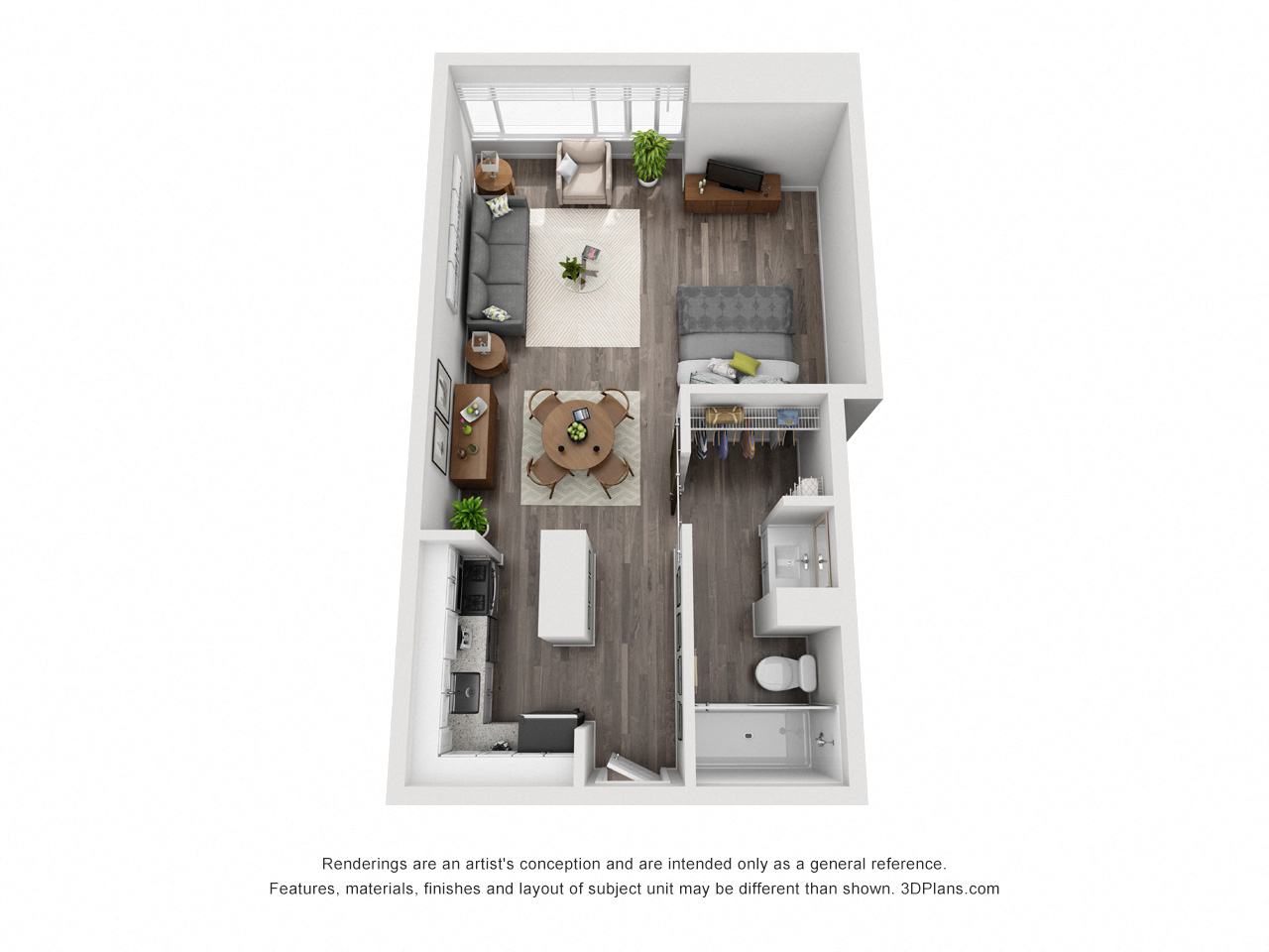 Floor plan for studio, 1 bath, 422 sqft